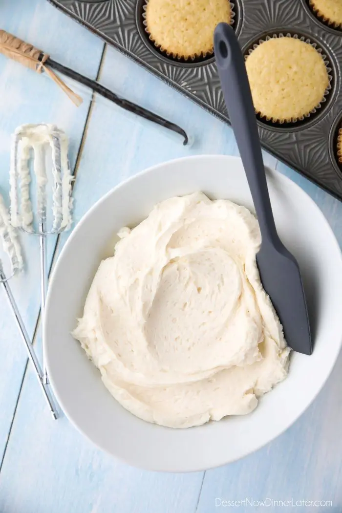 This Vanilla Buttercream Frosting recipe is easy, creamy, and extremely versatile. Made with basic ingredients, this vanilla frosting is a staple for decorating cakes, cupcakes, or cookies.