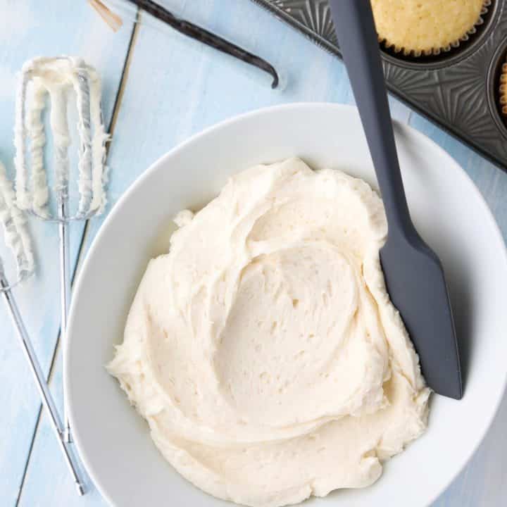 This Vanilla Buttercream Frosting recipe is easy, creamy, and extremely versatile. Made with basic ingredients, this vanilla frosting is a staple for decorating cakes, cupcakes, or cookies.