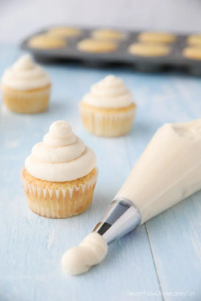 This Vanilla Buttercream Frosting recipe is easy, creamy, and extremely versatile. Sturdy enough to pipe onto cakes, cupcakes, or cookies.