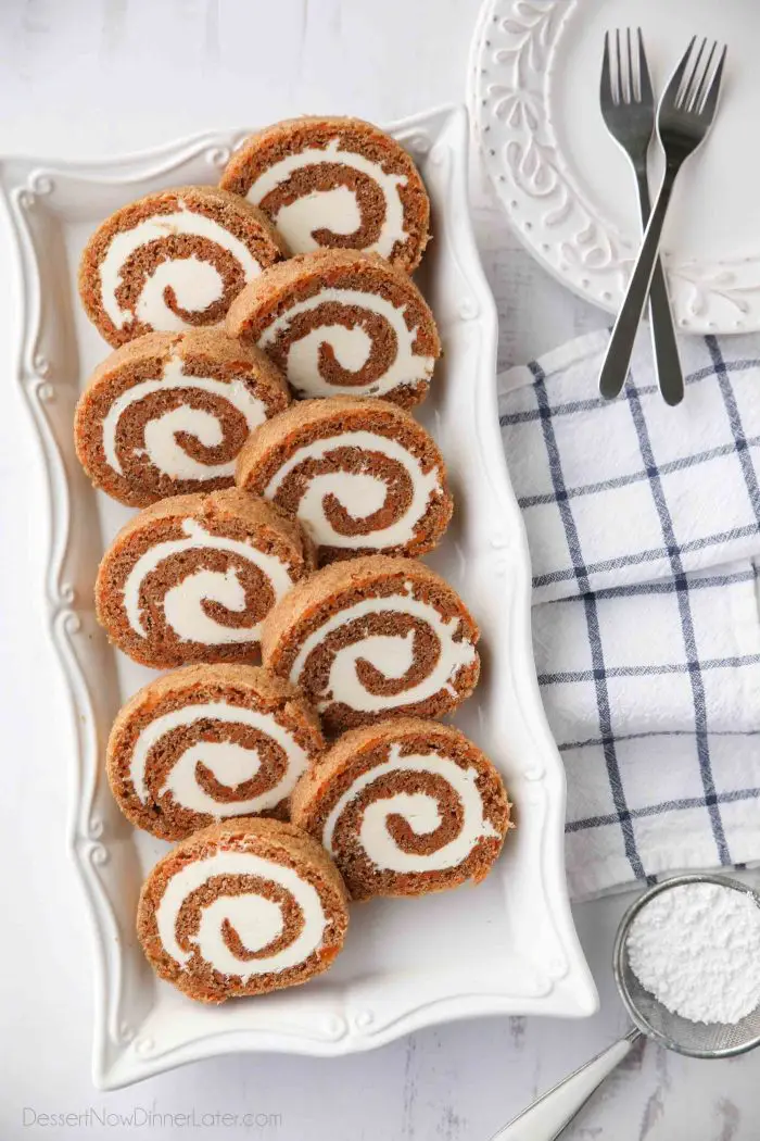 Carrot Cake Roll is a beautiful Easter dessert with a classic spiced carrot cake and delicious cream cheese frosting.