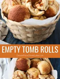 Empty Tomb Rolls (aka Resurrection Rolls) are delicious cinnamon-sugar sticky buns with a melting marshmallow inside. A family-friendly recipe that teaches the story of Easter. So easy to make with Rhodes rolls.