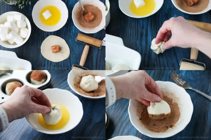 Empty Tomb Rolls - Roll each dough ball into a flat circle. Dip a marshmallow in butter and then coat with cinnamon sugar. Place it in the middle of the dough circle and seal it up around the marshmallow. Then roll the dough in more butter and cinnamon sugar.