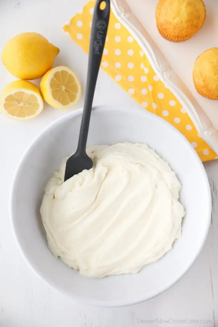 Lemon Cream Cheese Frosting is light and creamy with fresh lemon flavor. It's slightly tangy and not overly sweet. Perfect for piping or decorating cupcakes and cakes.