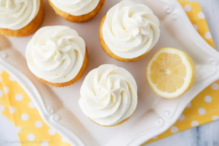 Lemon Cream Cheese Frosting is light and creamy with fresh lemon flavor. It's slightly tangy and not overly sweet. Perfect for piping or decorating cupcakes and cakes.