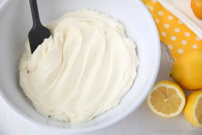 Lemon Cream Cheese Frosting is light and creamy with fresh lemon flavor. It's slightly tangy and not overly sweet. Perfect for piping or decorating cupcakes and cakes.