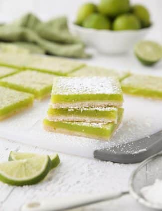 Lime Bars are exactly like lemon bars, but made with limes instead. A shortbread crust is topped with a tangy lime custard. Easy and delicious!