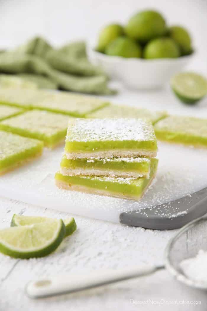 Lime Bars are exactly like lemon bars, but made with limes instead. A shortbread crust is topped with a tangy lime custard. Easy and delicious!