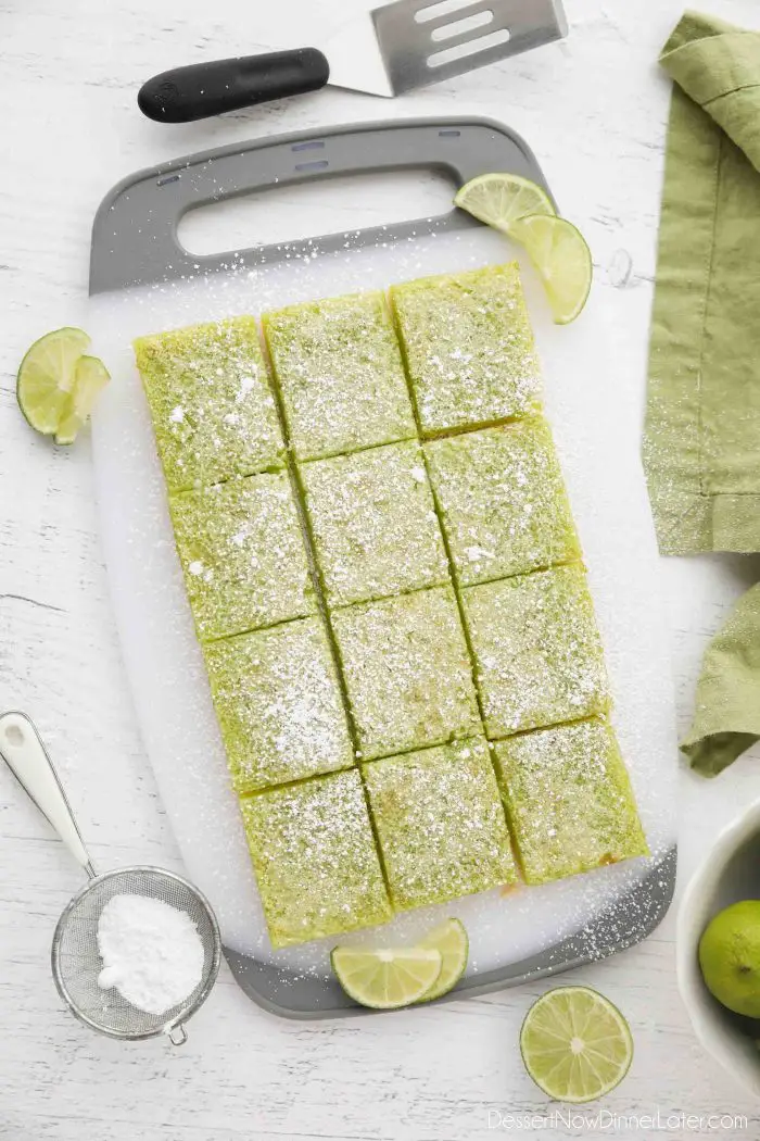 Lime Bars are exactly like lemon bars, but made with limes instead. A shortbread crust is topped with a tangy lime custard. Easy and delicious!
