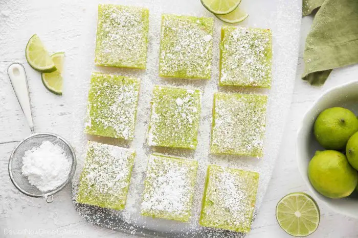 Lime Bars are exactly like lemon bars, but made with limes instead. A shortbread crust is topped with a tangy lime custard. Easy and delicious!