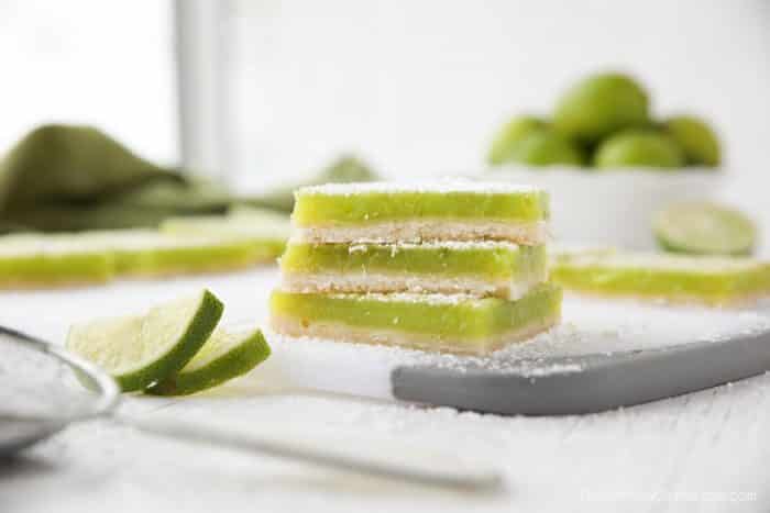 Lime Bars are exactly like lemon bars, but made with limes instead. A shortbread crust is topped with a tangy lime custard. Easy and delicious!