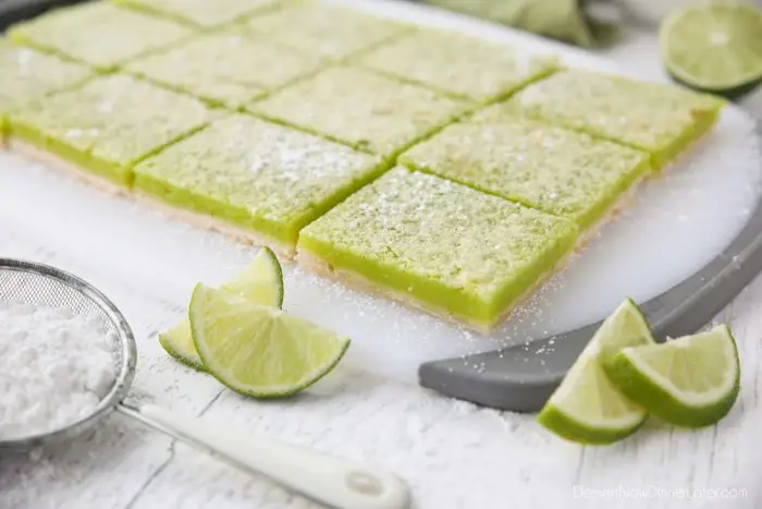 Lime Bars are exactly like lemon bars, but made with limes instead. A shortbread crust is topped with a tangy lime custard. Easy and delicious!