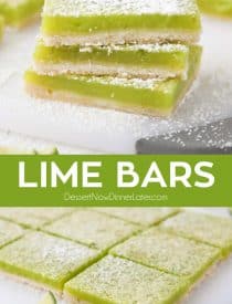 Lime Bars are exactly like lemon bars, but made with limes instead. A shortbread crust is topped with a tangy lime custard. Easy and delicious!