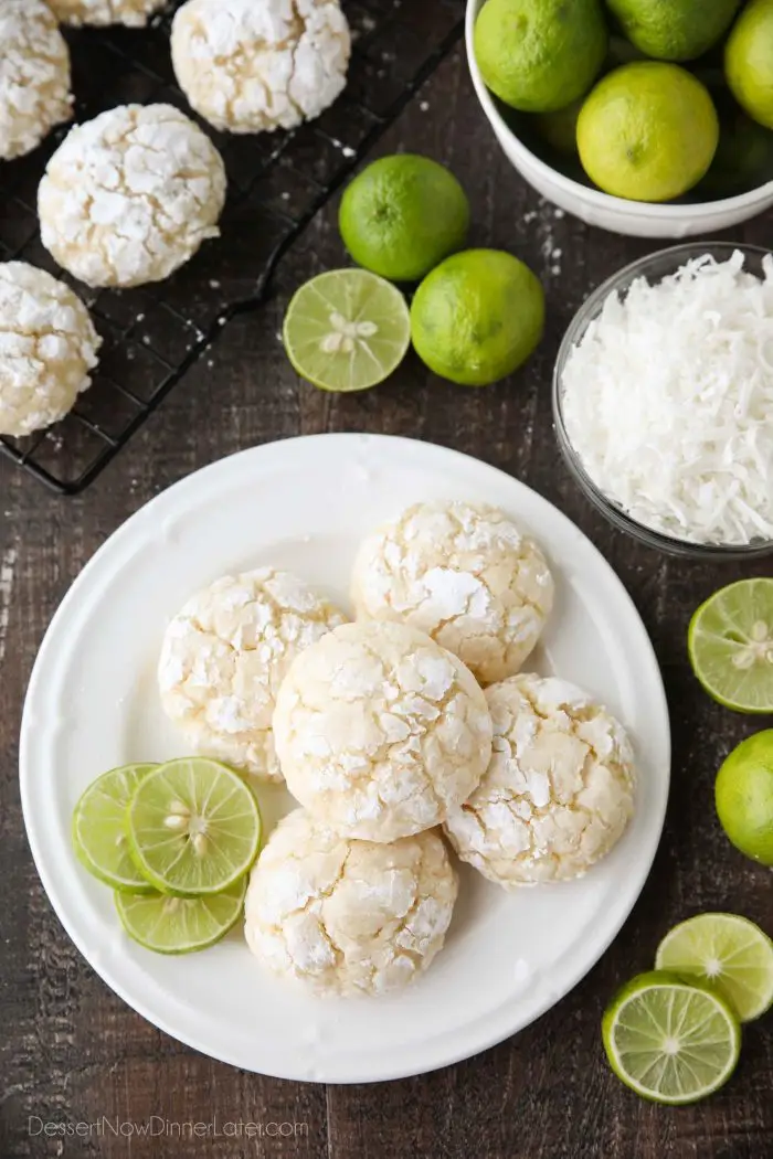 Coconut Key Lime Crinkle Cookies are puffy, soft, and chewy with a hint of tangy lime and sweet coconut. An easy spring or summer dessert with a tropical flair.