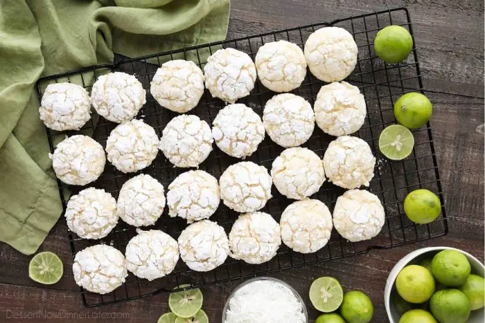 Coconut Key Lime Crinkle Cookies are puffy, soft, and chewy with a hint of tangy lime and sweet coconut. An easy spring or summer dessert with a tropical flair.