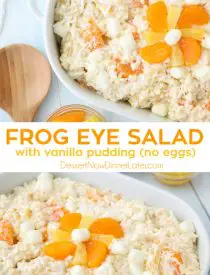 Frog Eye Salad is a creamy, fruity, dessert pasta salad that feeds a crowd. Made easy with vanilla pudding (no eggs), whipped topping, acini di pepe pasta, pineapple, mandarin oranges, coconut, and marshmallows. Perfect for any family reunion, bbq, party, or potluck.