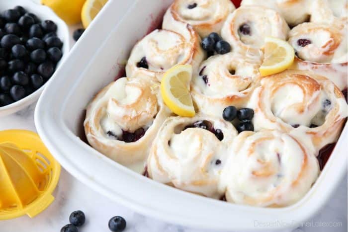 Sweet and tangy Lemon Blueberry Rolls smothered in a lemon cream cheese frosting.