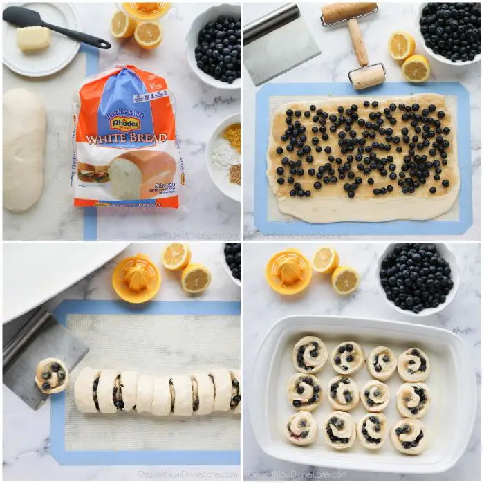 Rhodes bread dough is rolled flat, smothered in a flavored lemon sugar, topped with fresh blueberries, rolled up tight, sliced, and put in a pan to rise.