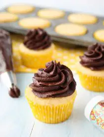 This Yellow Cupcakes Recipe is an old-fashioned, from-scratch butter cake. A classic homemade cupcake for birthday parties, topped with chocolate buttercream (or your other favorite frosting.)