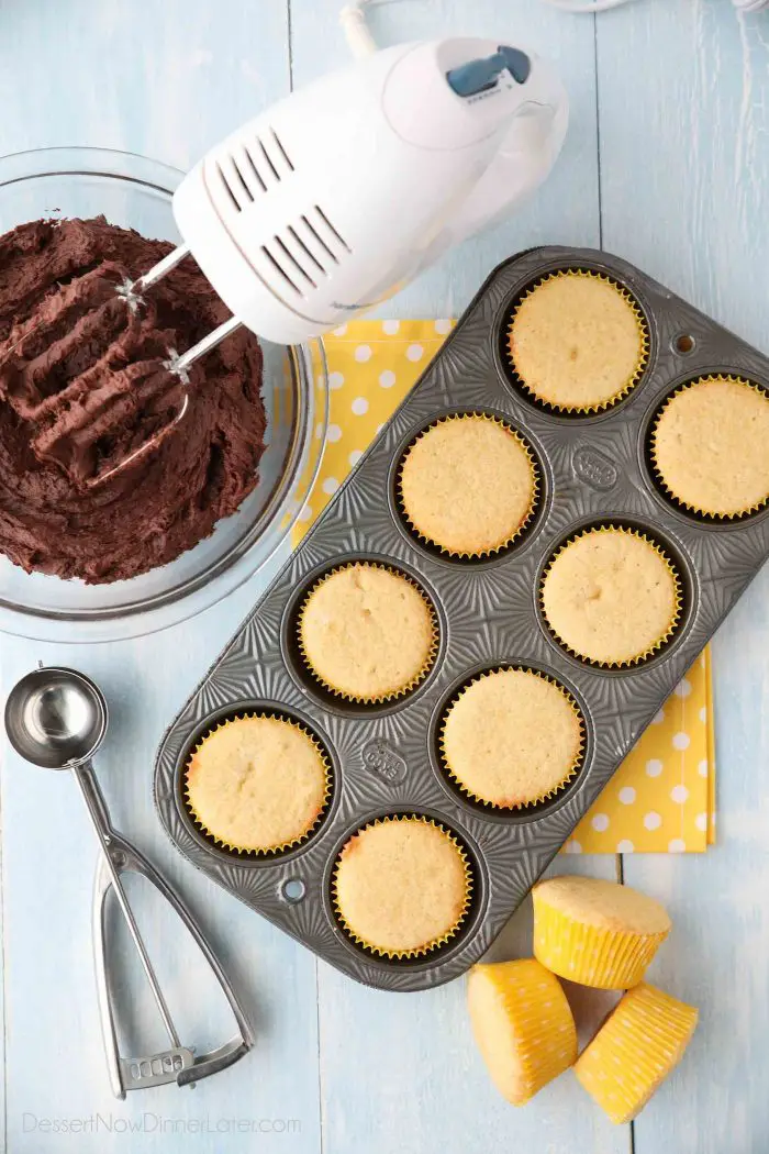 Homemade Yellow Cupcakes with Chocolate Buttercream Frosting