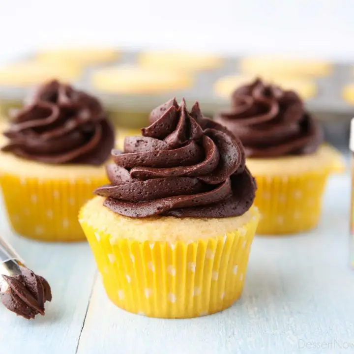 This Yellow Cupcakes Recipe is an old-fashioned, from-scratch butter cake. A classic homemade cupcake for birthday parties, topped with chocolate buttercream (or your other favorite frosting.)