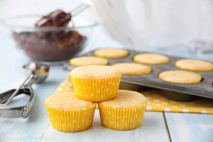 Made from scratch, these yellow cupcakes are fluffy and buttery.