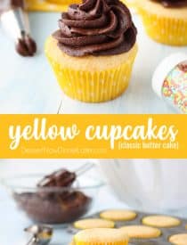 This Yellow Cupcakes Recipe is an old-fashioned, from-scratch butter cake. A classic homemade cupcake for birthday parties, topped with chocolate buttercream (or your other favorite frosting.)
