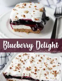 Blueberry Delight (aka Blueberry Lush) is an easy layered dessert with a graham cracker and pecan crust, no bake cheesecake, blueberry pie filling, and cool whip topping. A light, fruity, and delicious summer dessert with minimal baking.