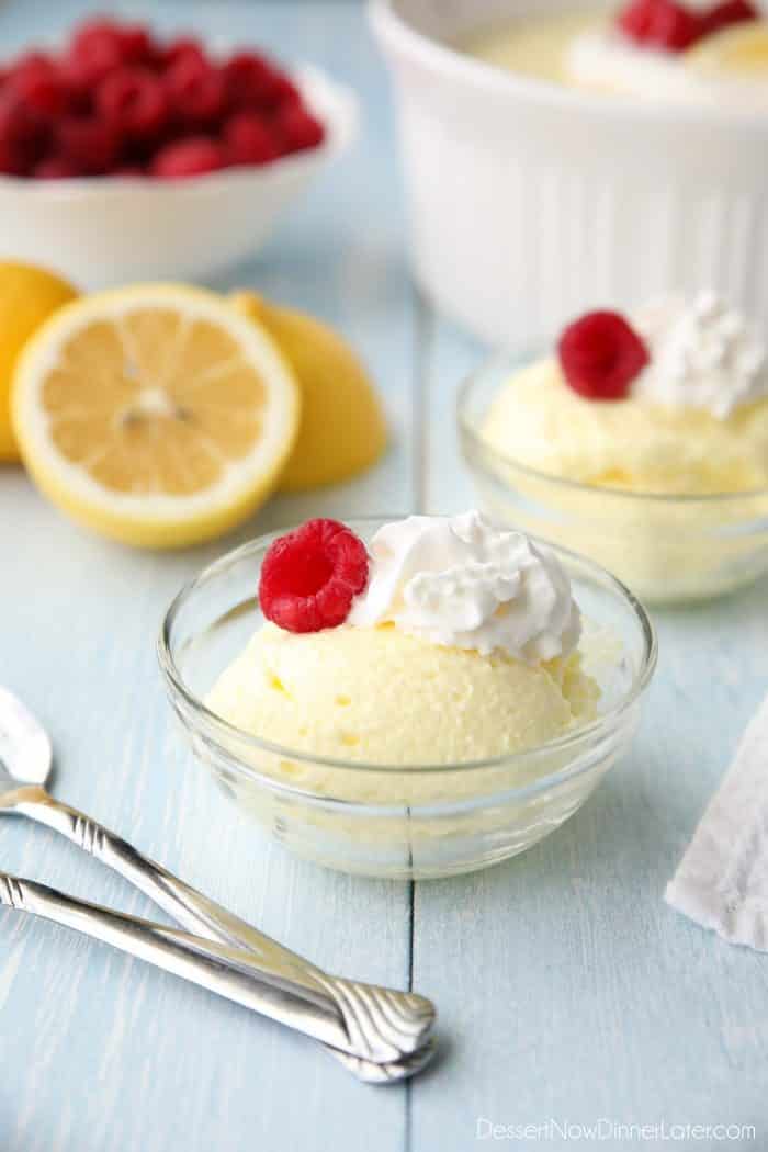Lemon jello salad (aka Lemon Fluff Dessert) is light, smooth and velvety. It melts in your mouth like mousse. This tangy dessert can be molded, sliced into squares, or spooned into cups. Serve it with whipped cream and raspberries for an extra special side dish. Perfect for barbecues, potlucks, and parties.