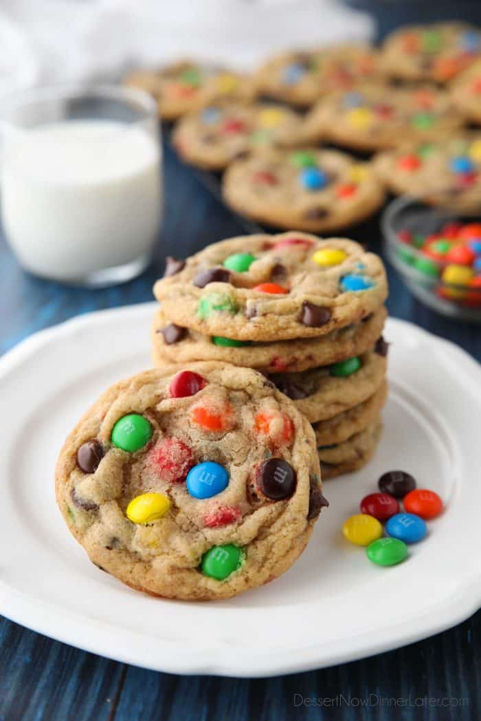 These bakery style M&M Cookies are loaded with chocolate chips and M&M candies. They're crispy on the edges, soft and chewy in the center, with plenty of chocolate throughout. The best M&M cookies! No chill time required -- just make and bake. 