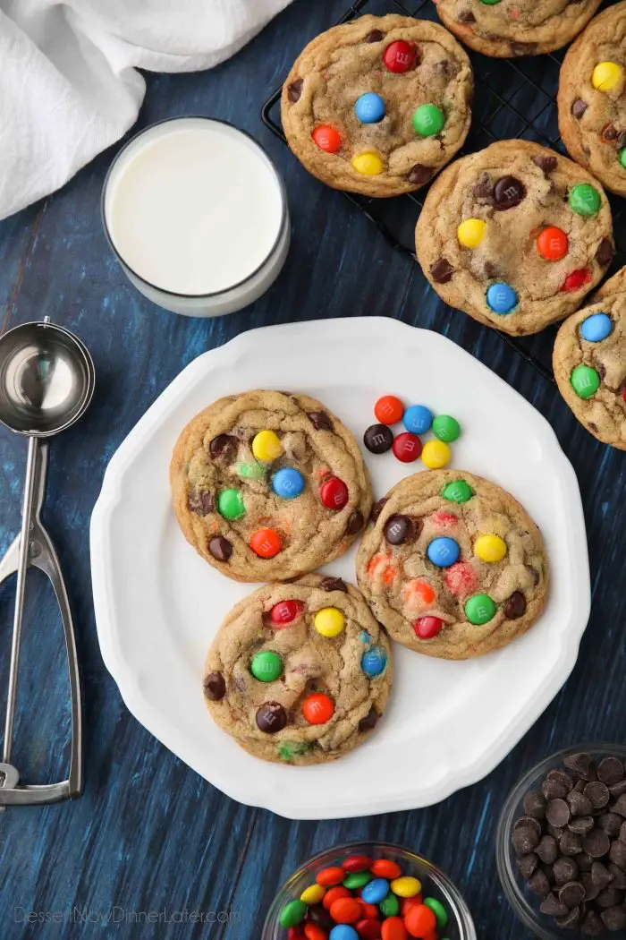 Easy M&M cookies are made bakery style with M&M's and chocolate chips.