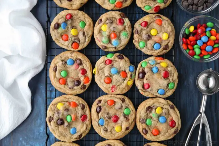 These M&M cookies are loaded with chocolate chips and candies for a decadent cookie rich with chocolate.