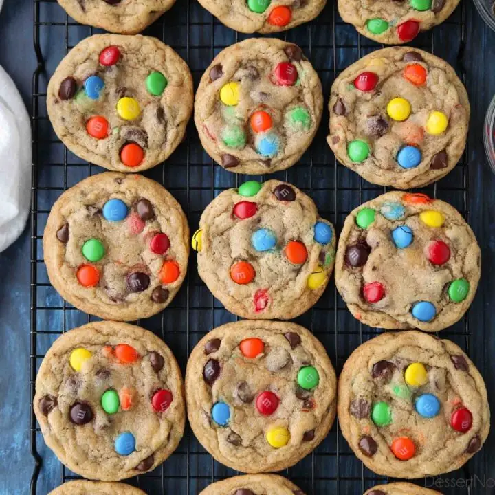 These M&M cookies are loaded with chocolate chips and candies for a decadent cookie rich with chocolate.