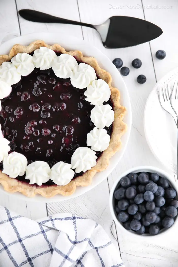 Blueberry Cream Cheese Pie with whipped cream on top.