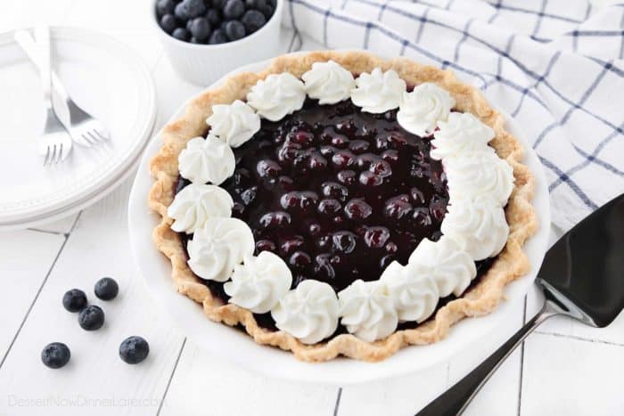 Blueberry Cream Cheese Pie with whipped cream on top.