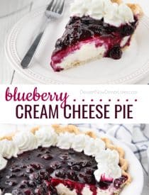 Blueberry Cream Cheese Pie combines a fresh blueberry lemon fruit topping and creamy no-bake cheesecake filling inside of a flaky pastry crust. It's a light and fruity summer dessert.