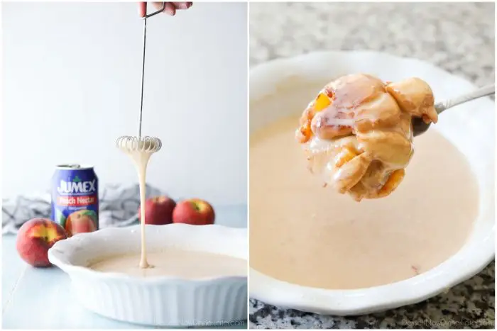 Dipping fried peach fritters donuts in glaze.