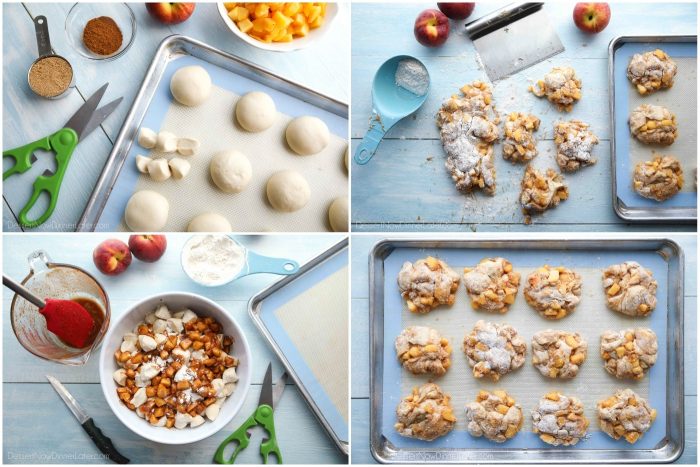 4 step-by-step photos for peach fritters: Cut rolls into 6 pieces, mix dough with spiced cut peaches, dough pressed onto floured surface and cut into sections, shaped donuts are put on pan to rise.