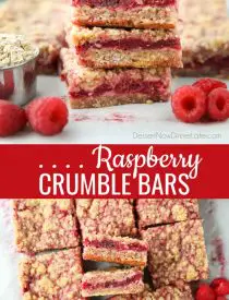 Raspberry Crumble Bars are made with sweetened fresh or frozen raspberries layered between a brown sugar oat crust and crumb topping. They're chewy, fruity, and delicious cookie-like dessert bars.