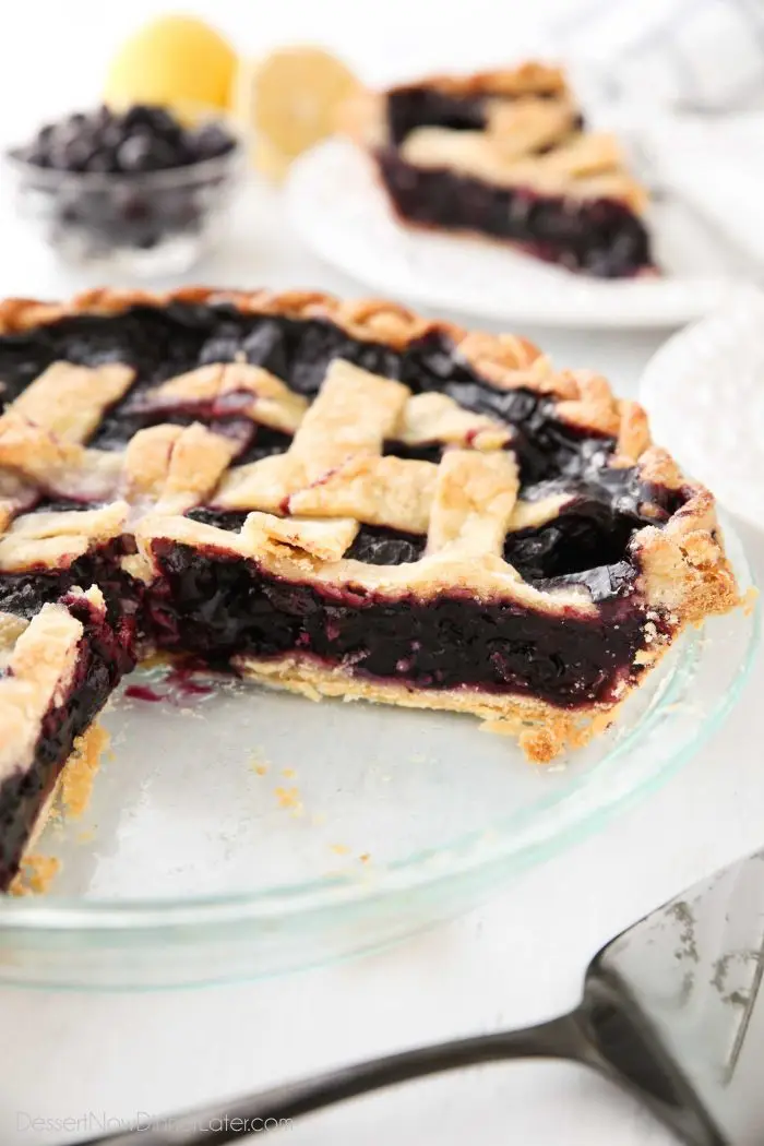 Blueberry Pie Filling inside of a homemade pie crust with a lattice top.