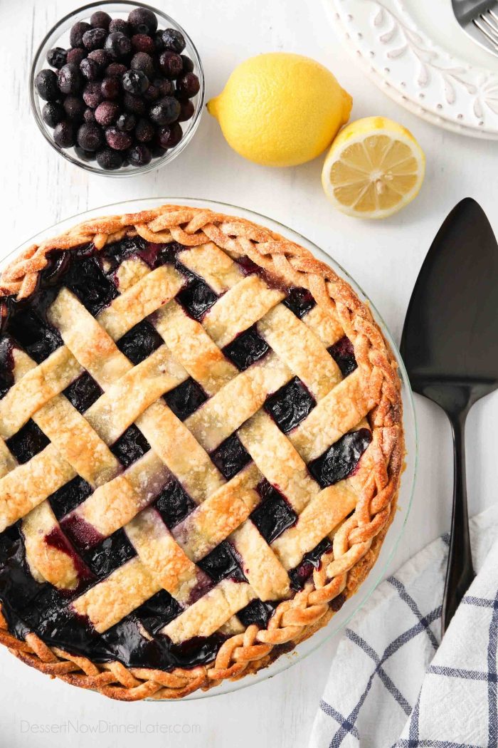 Baked blueberry pie from scratch with a lattice top.