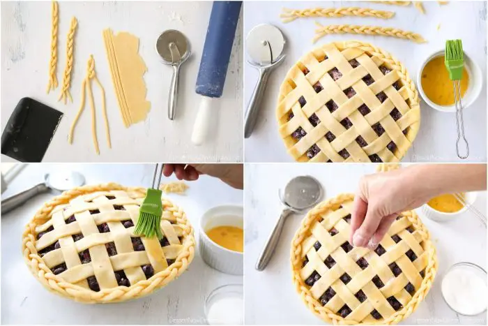 In lieu of a crimped edge, extra pie crust is braided and adhered to the edge of the pie crust with a whisked egg. The whole crust is brushed with more egg wash and sprinkled with granulated sugar before baking.