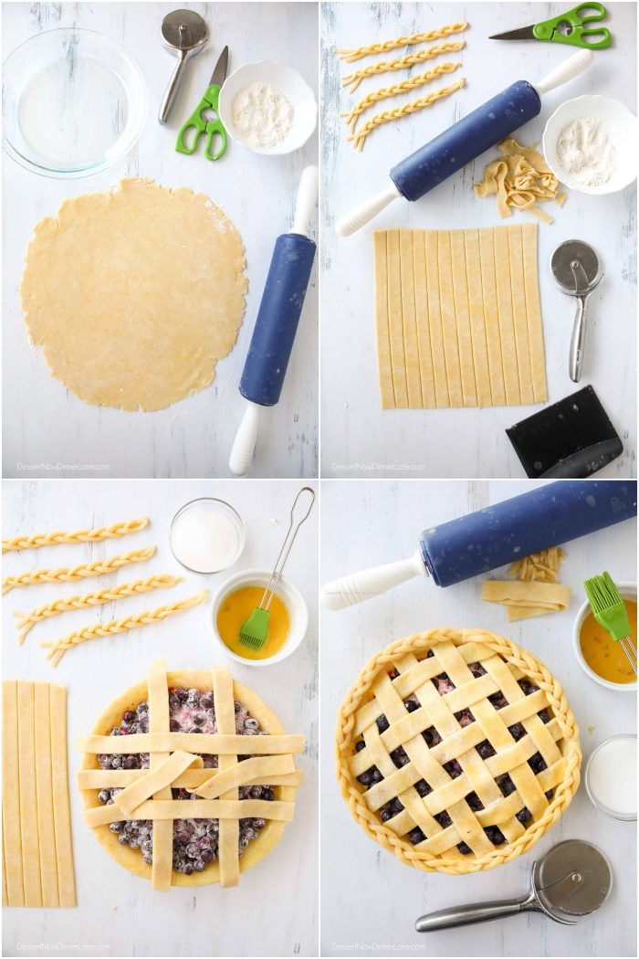 Homemade pie crust is rolled flat and cut into strips for a lattice top.