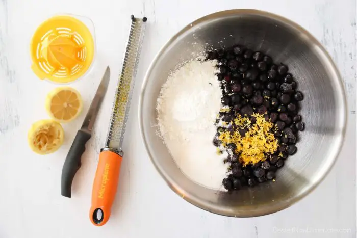 Blueberry pie filling recipe with frozen blueberries, sugar, cornstarch, lemon zest and lemon juice.