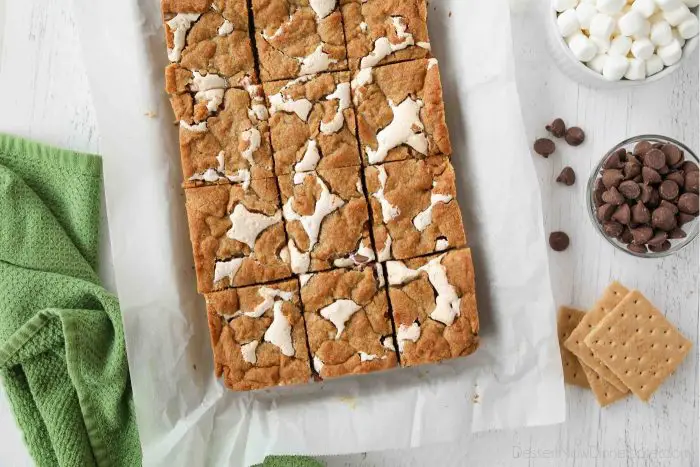 S'more Bars on parchment paper pulled out of a 9x13 pan and cut into squares. | Dessert Now Dinner Later