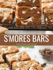 These easy S’mores Bars are made with marshmallow fluff and milk chocolate chips sandwiched between two layers of graham cracker cookie dough. Grab your 9×13 pan to make these s’mores dessert bars for a crowd. From - Dessert Now Dinner Later