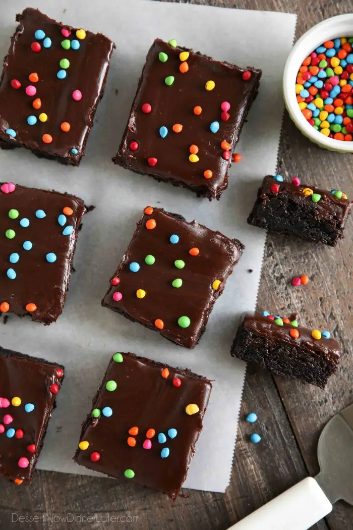 Copycat Little Debbie Cosmic Brownies - Fudgy homemade brownies topped with chocolate ganache and rainbow coated chocolate chips.