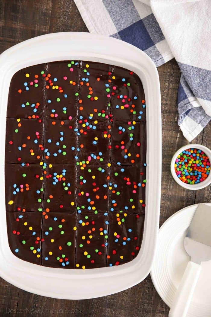 Cosmic Brownies made from scratch. Rich, fudgy, and topped with colorful candy coated chocolate chips.