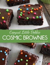 These homemade cosmic brownies are even better than store-bought! Rich, fudgy brownies are topped with a creamy chocolate ganache and candy coated chocolate chips. They're easy to make from scratch and not just for lunchbox treats!