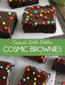 These homemade cosmic brownies are even better than store-bought! Rich, fudgy brownies are topped with a creamy chocolate ganache and candy coated chocolate chips. They're easy to make from scratch and not just for lunchbox treats!