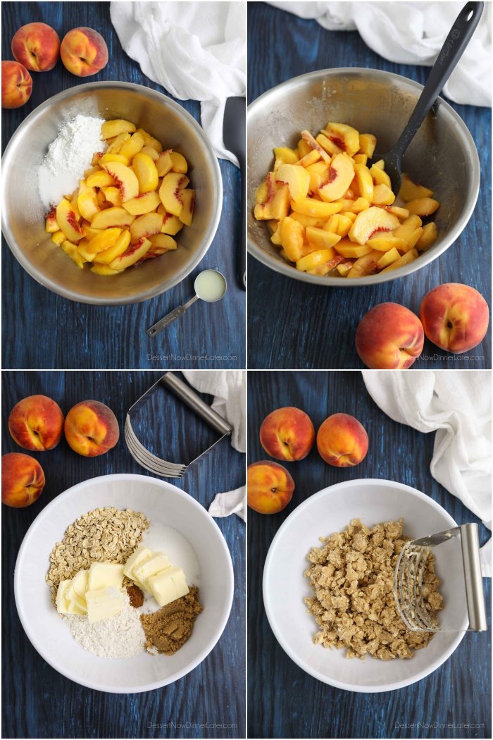 How to make Peach Crisp: Peel, core and slice fresh peaches. Toss with sugar, cornstarch, and lemon juice. Combine oats, flour, brown sugar, granulated sugar, salt, cinnamon and butter until crumbly. Sprinkle on top of peaches. Bake until top is golden and filling bubbles.